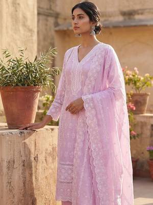 Women Ethnic Motifs Embroidered Regular Chikankari Pure Cotton Kurta with Trousers & With Dupatta 5