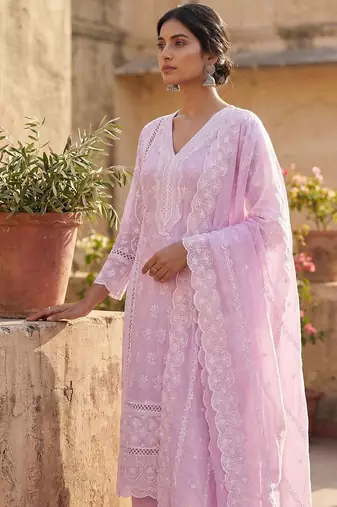 Women Ethnic Motifs Embroidered Regular Chikankari Pure Cotton Kurta with Trousers & With Dupatta