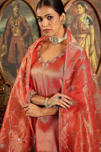 Floral Embroidered V-Neck Regular Liva Kurta With Trouser With Dupatta