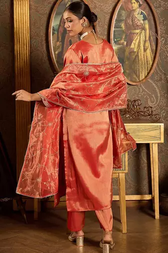 Floral Embroidered V-Neck Regular Liva Kurta With Trouser With Dupatta