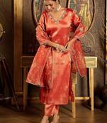 Floral Embroidered V-Neck Regular Liva Kurta With Trouser With Dupatta