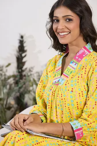 V-Neck Printed Pure Cotton A-Line Kurta with Trousers