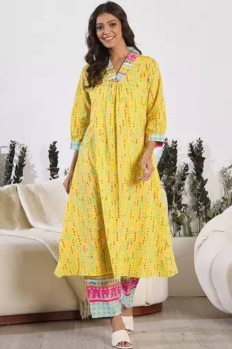 V-Neck Printed Pure Cotton A-Line Kurta with Trousers