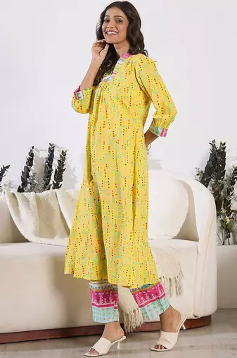 V-Neck Printed Pure Cotton A-Line Kurta with Trousers