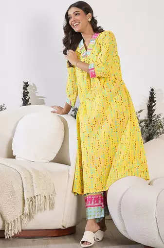 V-Neck Printed Pure Cotton A-Line Kurta with Trousers