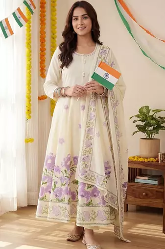 Women Floral Printed Regular Pure Cotton Kurta with Trousers & With Dupatta