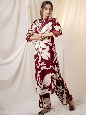 Floral Printed Shirt Collar Sequinned Kurta with Trousers 1