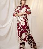 Floral Printed Shirt Collar Sequinned Kurta with Trousers