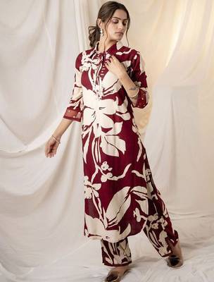 Floral Printed Shirt Collar Sequinned Kurta with Trousers 3