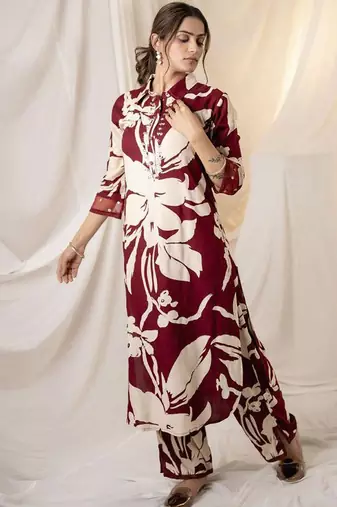 Floral Printed Shirt Collar Sequinned Kurta with Trousers