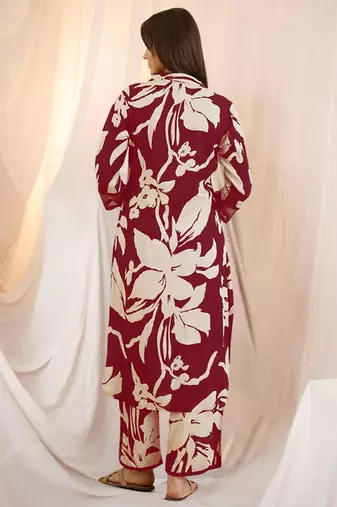 Floral Printed Shirt Collar Sequinned Kurta with Trousers