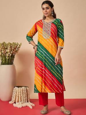 Women Leheriya Dyed Regular Thread Work Kurta with Trousers & With Dupatta 2