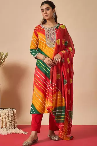 Women Leheriya Dyed Regular Thread Work Kurta with Trousers & With Dupatta