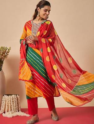 Women Leheriya Dyed Regular Thread Work Kurta with Trousers & With Dupatta 7