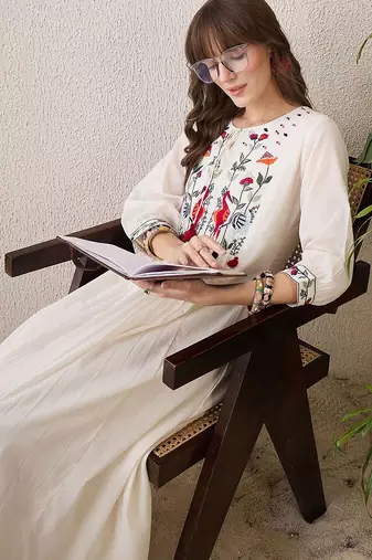 Floral Yoke Design Tie-Up Neck Thread Work Pure Cotton A-Line Kurta With Trouser