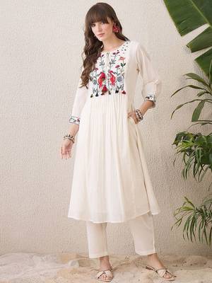 Floral Yoke Design Tie-Up Neck Thread Work Pure Cotton A-Line Kurta With Trouser 3