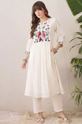 Floral Yoke Design Tie-Up Neck Thread Work Pure Cotton A-Line Kurta With Trouser