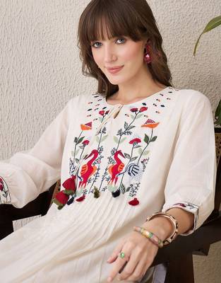 Floral Yoke Design Tie-Up Neck Thread Work Pure Cotton A-Line Kurta With Trouser 4