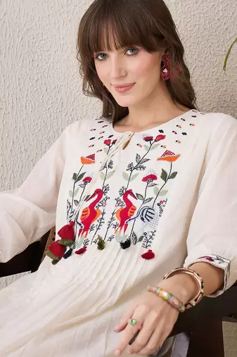 Floral Yoke Design Tie-Up Neck Thread Work Pure Cotton A-Line Kurta With Trouser