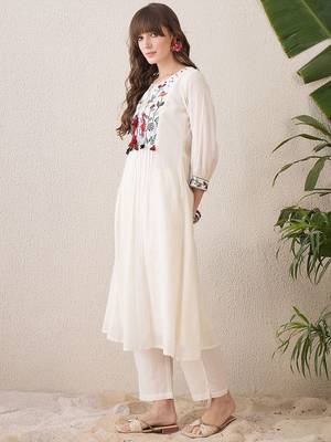 Floral Yoke Design Tie-Up Neck Thread Work Pure Cotton A-Line Kurta With Trouser 5