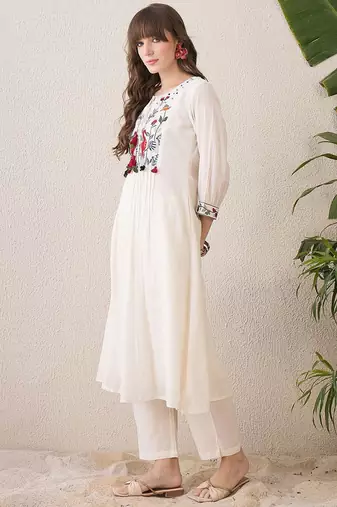 Floral Yoke Design Tie-Up Neck Thread Work Pure Cotton A-Line Kurta With Trouser