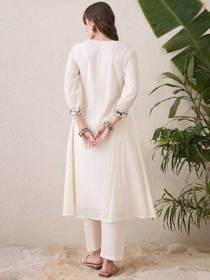 Floral Yoke Design Tie-Up Neck Thread Work Pure Cotton A-Line Kurta With Trouser 6