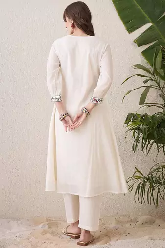 Floral Yoke Design Tie-Up Neck Thread Work Pure Cotton A-Line Kurta With Trouser