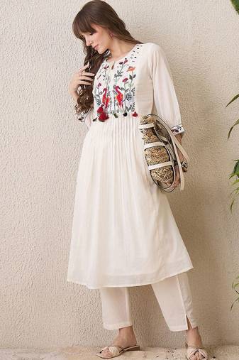 Floral Yoke Design Tie-Up Neck Thread Work Pure Cotton A-Line Kurta With Trouser
