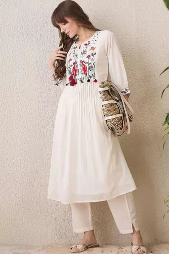 Floral Yoke Design Tie-Up Neck Thread Work Pure Cotton A-Line Kurta With Trouser