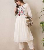 Floral Yoke Design Tie-Up Neck Thread Work Pure Cotton A-Line Kurta With Trouser