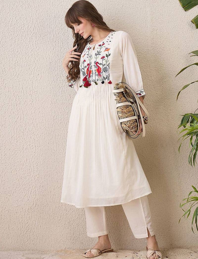 Floral Yoke Design Tie-Up Neck Thread Work Pure Cotton A-Line Kurta With Trouser