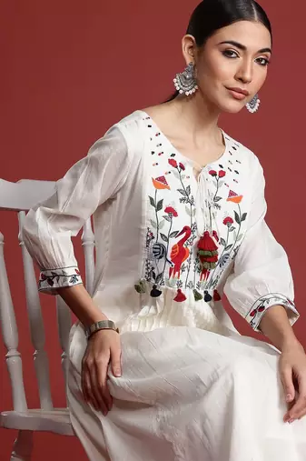Floral Embroidered Panelled Thread Work Pure Cotton Kurta with Trousers