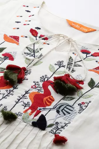 Floral Embroidered Panelled Thread Work Pure Cotton Kurta with Trousers