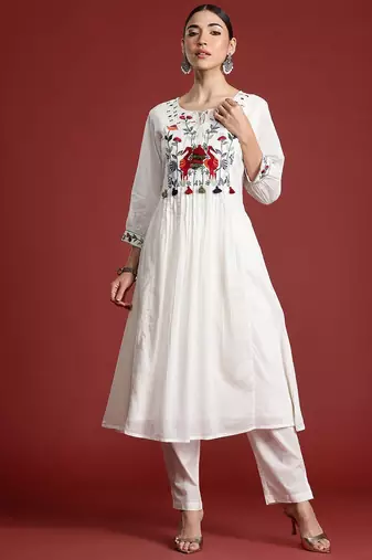 Floral Embroidered Panelled Thread Work Pure Cotton Kurta with Trousers