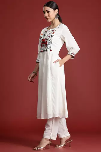 Floral Embroidered Panelled Thread Work Pure Cotton Kurta with Trousers