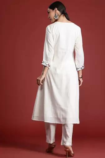 Floral Embroidered Panelled Thread Work Pure Cotton Kurta with Trousers