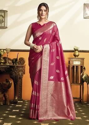 Rani pink silk blend saree with zari weaving & leaf motifs 1