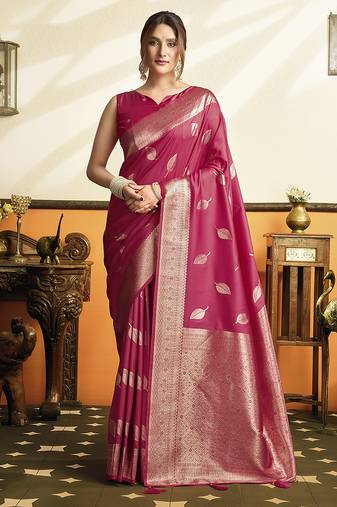 Rani pink silk blend saree with zari weaving & leaf motifs