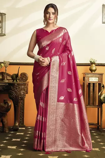 Rani pink silk blend saree with zari weaving & leaf motifs