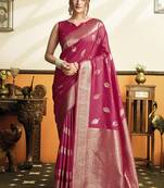 Rani pink silk blend saree with zari weaving & leaf motifs