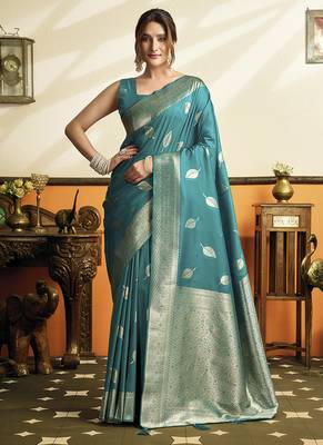 Teal blue silk blend saree with zari weaving & leaf motifs 1