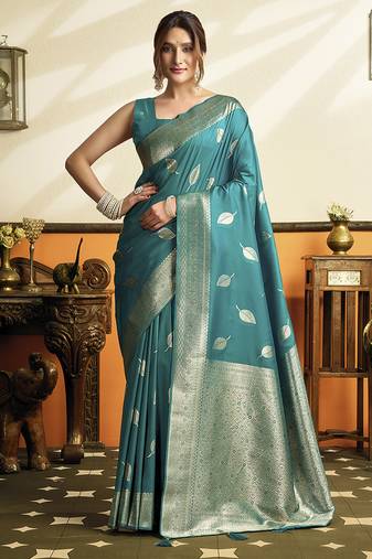 Teal blue silk blend saree with zari weaving & leaf motifs