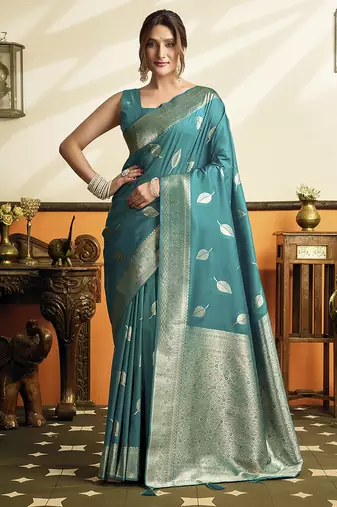Teal blue silk blend saree with zari weaving & leaf motifs