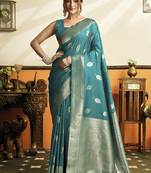 Teal blue silk blend saree with zari weaving & leaf motifs
