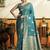 Teal blue silk blend saree with zari weaving & leaf motifs