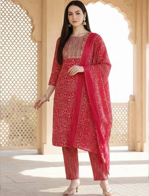 Women Ethnic Motifs Printed Regular Thread Work Pure Cotton Kurta with Trousers & With Dupatta 1