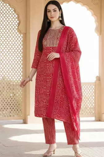 Women Ethnic Motifs Printed Regular Thread Work Pure Cotton Kurta with Trousers & With Dupatta