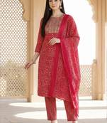 Women Ethnic Motifs Printed Regular Thread Work Pure Cotton Kurta with Trousers & With Dupatta