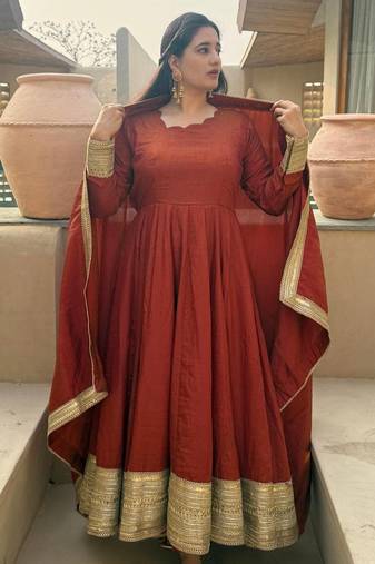 Dark Orange sequin And Embroidery Work Silk Blend Salwar Suite