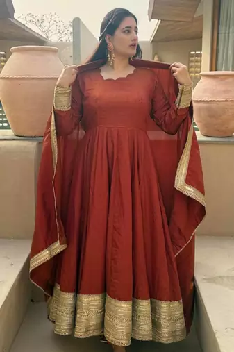 Dark Orange sequin And Embroidery Work Silk Blend Salwar Suite